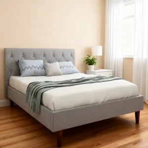 Estructura de cama tapizada y elegante para decoración de dormitorio moderno