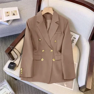LE2374 Women's Autumn Office Jacket Gold Buttoned Solid Colour Woven Suit Loose Casual Blouse Coat Celebrity Inspired