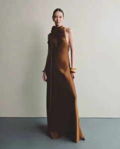 Halter Neck Bronze Silk Maxi Dress Elegant and Alluring Beauty Made in Vietnam
