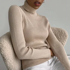 Women's Korean Style High Collar Pullover Long Sleeve Sweater Autumn Winter Fashion Bottoming Shirt Front Logo Knitted Weaving