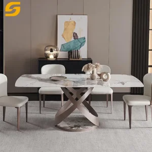 Modern Luxury Gold Marble Dining Table Set with Chair Stainless Steel Base
