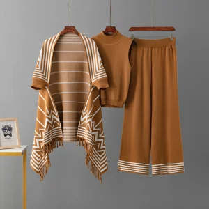 Striped Collar Women Sweater Set