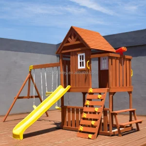 Kids Outdoor Wooden Playhouse Slide Sandbox Swing