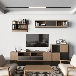 Modern Wood Black TV Stand Wall Shelves Media Console Bookcase Set