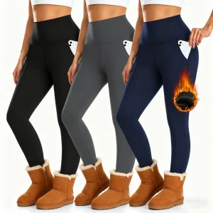 Winter Fleece Lined Leggings Women with Pockets