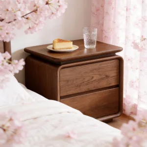 Retro Solid Wood Nightstand Walnut Grain Large Capacity