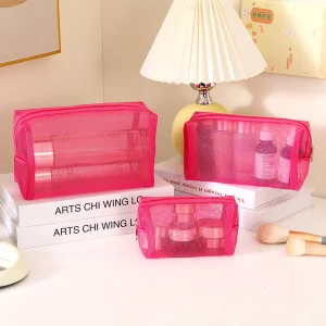 Conjunto de artículos de tocador de nylon de malla visible al por mayor, fácil de limpiar, ideal para viajes, senderismo y salidas, almacenamiento de lápices labiales, gran capacidad, bolsa de maquillaje duradera