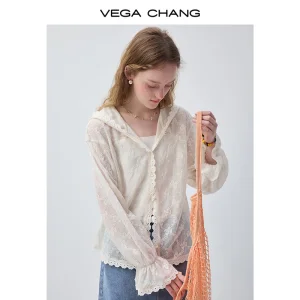 VEGA CHANG Women's Casual Sun Protection Shirt White With Lace Hooded Design Floral Embroidery And Flare Sleeve