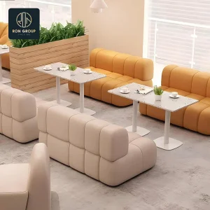 Restaurant Booth Seating Sofa in Orange and Beige with Modular Design and Marble Tables Set