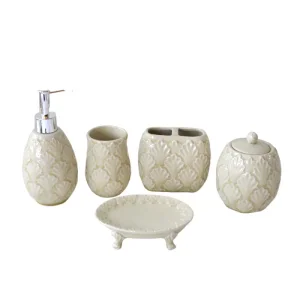 jiashun Pale Yellow Hand-Embossed Fan-Pattern Ceramic Bathroom 5-Piece Set Exporter, Exporters
