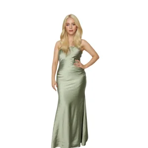 OEM Elegant Sleeveless One-Shoulder Satin Gown: Light Green Crystallized Corset Evening Dress Supplier, Factories