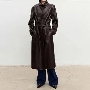 Women's Slim Fit Belted Waist Long Leather Overcoat
