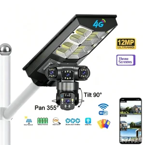 12mp Solar Street Light Camera 3lens Ptz 360 Home Security System 400w Panel Cctv Wireless Wifi Network Camera 4g Two Way Audio
