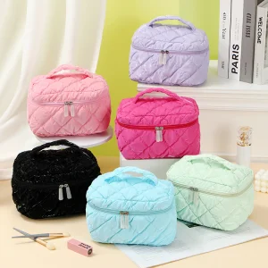 Large Capacity Solid Color Quilted Puffer Makeup Bag Waterproof Zipper Makeup Bag Set Travel Cosmetic Bag for Women