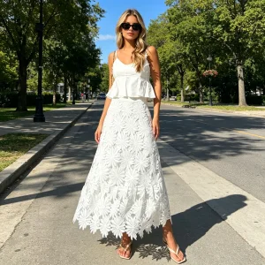 2026 Spring New Bohemian Niche Style Hollow-out Women's Elegant Spaghetti Strap Ruffle 3D Floral Applique Skirt Two-Piece Set
