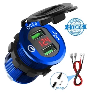 Quick Charge 3.0 Car Charger, Chgeek 12V/24V 36W Waterproof Dual QC3.0 USB Fast Charger Socket Power Outlet with LED Digital Voltmeter