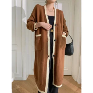 Women's Simple Lazy Style Thick V-neck Long Knitted Cardigan Autumn Winter Casual Loose Button Decoration Breathable 28%Nylon