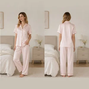 Conjunto de Pijamas de Cetim com Detalhes em Ouro Elegante para Mulheres, com Botões Frontais, Bolso, Manga Curta e Calças Longas, Roupas Personalizáveis para o Dia a Dia no Quarto