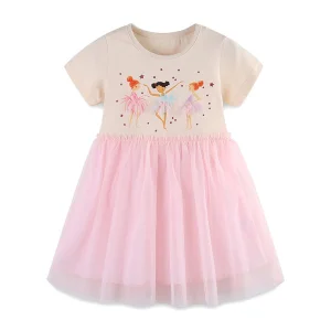 OEM ODM Girls Pink Ballerina Print Cotton Blend Tulle Dress