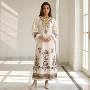 Vestido largo de kurta para mujer con estampado, cuentas, tachuelas de rhinestone y bordado