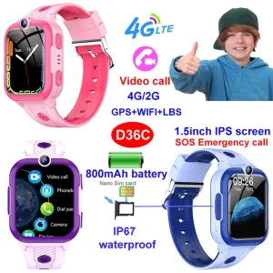 Top quality 4G IP67 waterproof children GPS tracking smart watch with panic button realtime Google Map location D36C