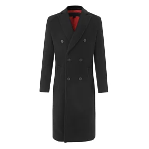 Men's Black Casual Double Breasted Long Overcoat