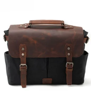 Retro Waxed Canvas with Crazy Horse Leather Crossbody Bag, Business Briefcase Handheld Crossbody Bag, Men's Fashion Shoulder Bag