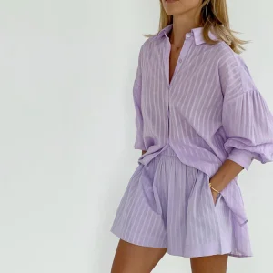 High Quality Women's Casual Outfits Fashion Loose Oversize 2 Piece Short Set Cotton Stripe Pajamas Elastic Waist For Lounge Use