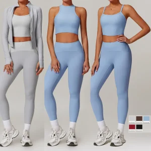 Conjunto de yoga de cintura alta, chaqueta, top, sujetador, ropa de entrenamiento para mujeres