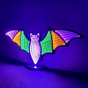 16"X7" 3D Bat Silhouette Infinity Mirror LED Light with Stand, USB-Powered Halloween Indoor Decor