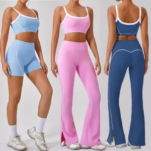 Conjuntos de Ropa Deportiva Sin Costuras para Yoga, Pantalones Flare de Cintura Alta que Levantan las Caderas, Sujetador Sin Espalda, Conjuntos de Ejercicio para el Gimnasio, Leggings para Mujeres, Ropa de Gimnasio