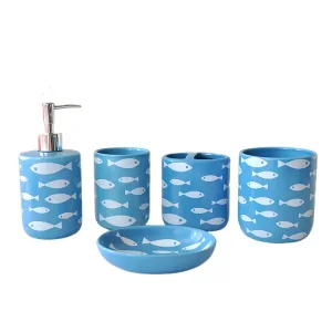 Wholesale Ocean - Themed White Fish Print Ceramic 5 - Piece Bathroom Accessory Set Manufacturers, Factories