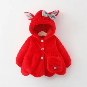 Chaqueta de bebé de peluche con orejas de conejo, abrigo de princesa dulce para niñas, ropa de otoño e invierno, abrigo con capucha cálido para niñas pequeñas