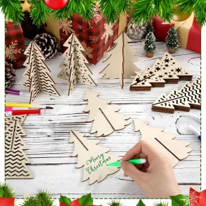Blosssound 24-Piece Eco-Friendly Indoor Christmas Craft Set 3D Wood Tree Cutouts 12 Colored Markers Unfinished Slices DIY