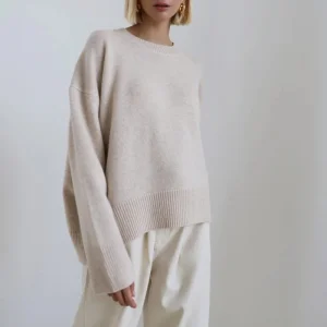 Blubelle Women's O-Neck Knit Sweater Loose Fit Soft Solid Color Cozy Oversized Casual Autumn Winter Plus Size Short Front