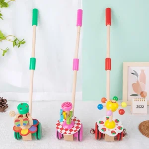 Baby Wooden Animal Shape Safe &amp; Healthy Learning Walking Playful Detachable Stick Musical Dancing Butterflies Push and Pull Toy