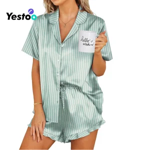 Conjunto de Pijamas de Satén para Mujeres con Botones 2 Piezas de Seda Pjs Cortos con Volantes