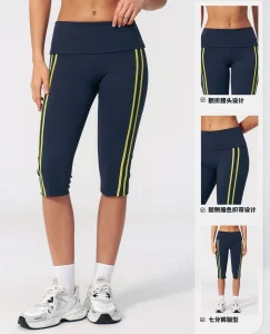 Leggings de fitness de cintura alta a rayas amarillas y marinas para mujeres, de longitud hasta la rodilla