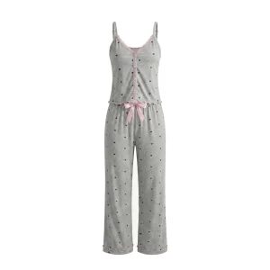 Wholesale Custom Soft Cotton Loungewear for Women Front Lace Trim Hearts Print Cami Top Pajama Pants Set Plus Size Summer