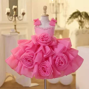 Luxury Satin Ball Gown Floral-Printed Princess Baby Gowns for Children Boutique Wedding Dresses for Parties