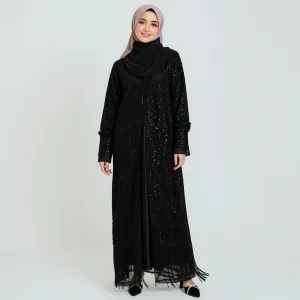 Custom Black Sequin Open Abaya