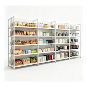 Gui Chang 40-80KG Yellow Wood Grain 4 Post Supermarket Wood Grain Supermarket Rack, Double Sided Supermarket