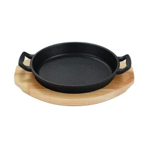 Custom Round Cast Iron Sizzling Plate with Wooden Base Double Handle Serving Pan Non-stick Steak Fajita Skillet for Restaurant