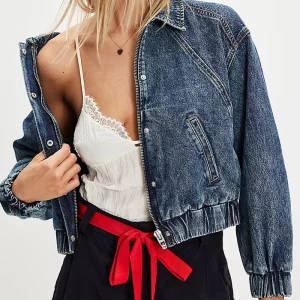 Women's Cropped Washed Denim Jacket - Loose Fit with Button &amp; Ribbed Hem