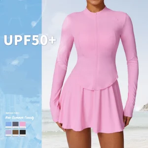 Nueva chaqueta deportiva de verano de ajuste ceñido UPF 50+ de manga larga con cremallera + falda atlética para mujeres, 2PCS conjunto de ropa activa para tenis y golf al aire libre con protección solar UV