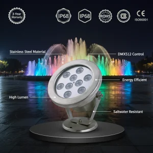 CE IP68 Waterproof Stainless Steel RGB 12W DMX Submersible Nozzles