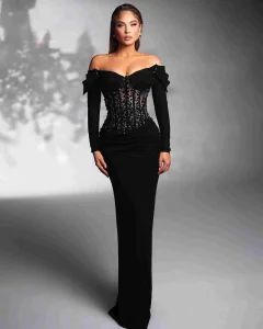 Black Velvet Off-Shoulder Long Evening Dress