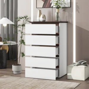 OE HOME 5-Drawer Modern European Dresser for Bedroom Convertible White Walnut Color Storage Chest Cabinet