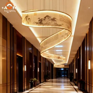 Artistic Chinese Calligraphy &amp; Landscape Oval Acrylic LED Chandelier Pendant Lamp Dimmable Light for Hotel Corridor Decoration