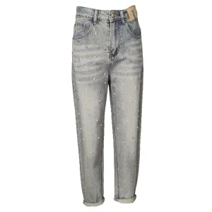 Women's Mid-Rise Ankle-Length Jeans, Rhinestone &amp; Bead Embellished, Vintage Light Wash Harem Denim Pants